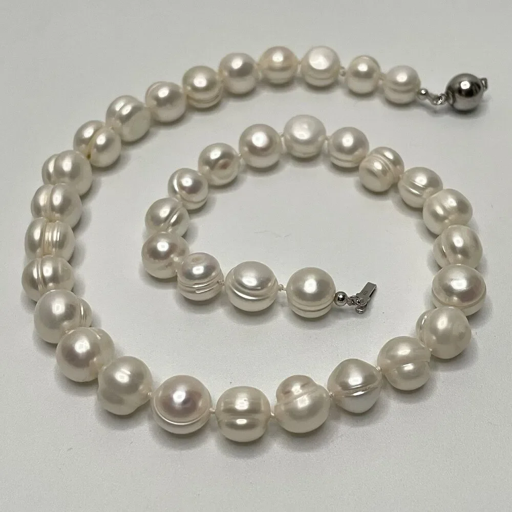 Stunning Large Freshwater Pearl Beaded Knotted Necklace Sterling Silver Clasp